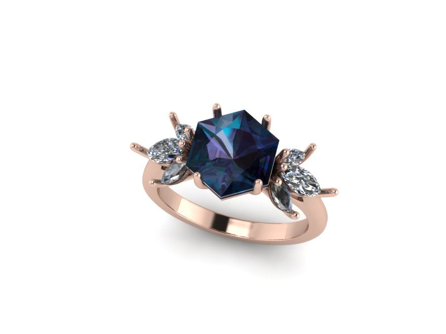 Rendering of the 14kt rose gold lab grown alexandrite hexagon engagement ring showing the color-change center stone, angled view — AJ's Jewelry Queens NY