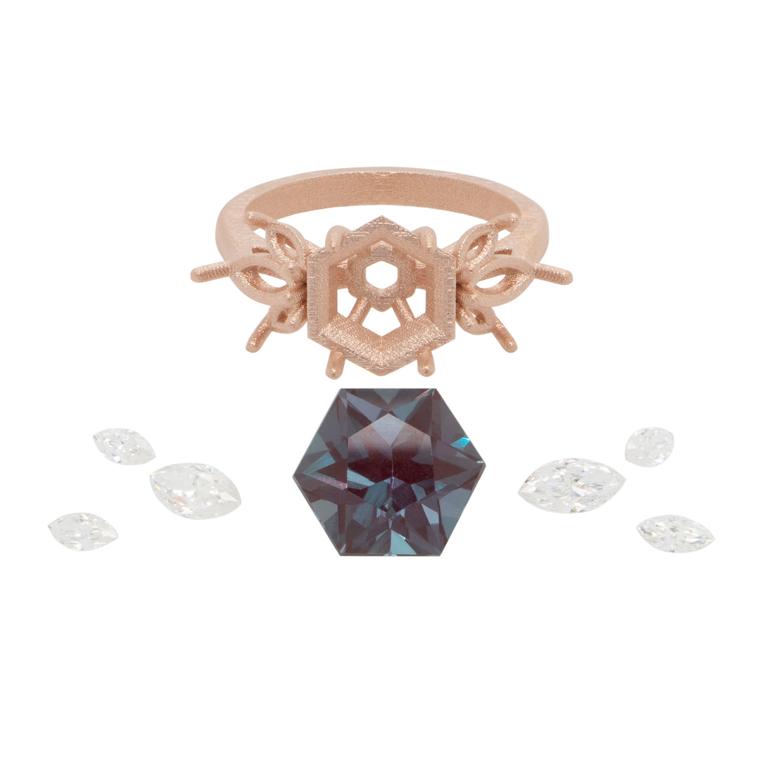 Cast 14kt rose gold hexagon ring mounting with the loose lab grown alexandrite and marquise lab grown diamond accents before setting — AJ's Jewelry Queens NY