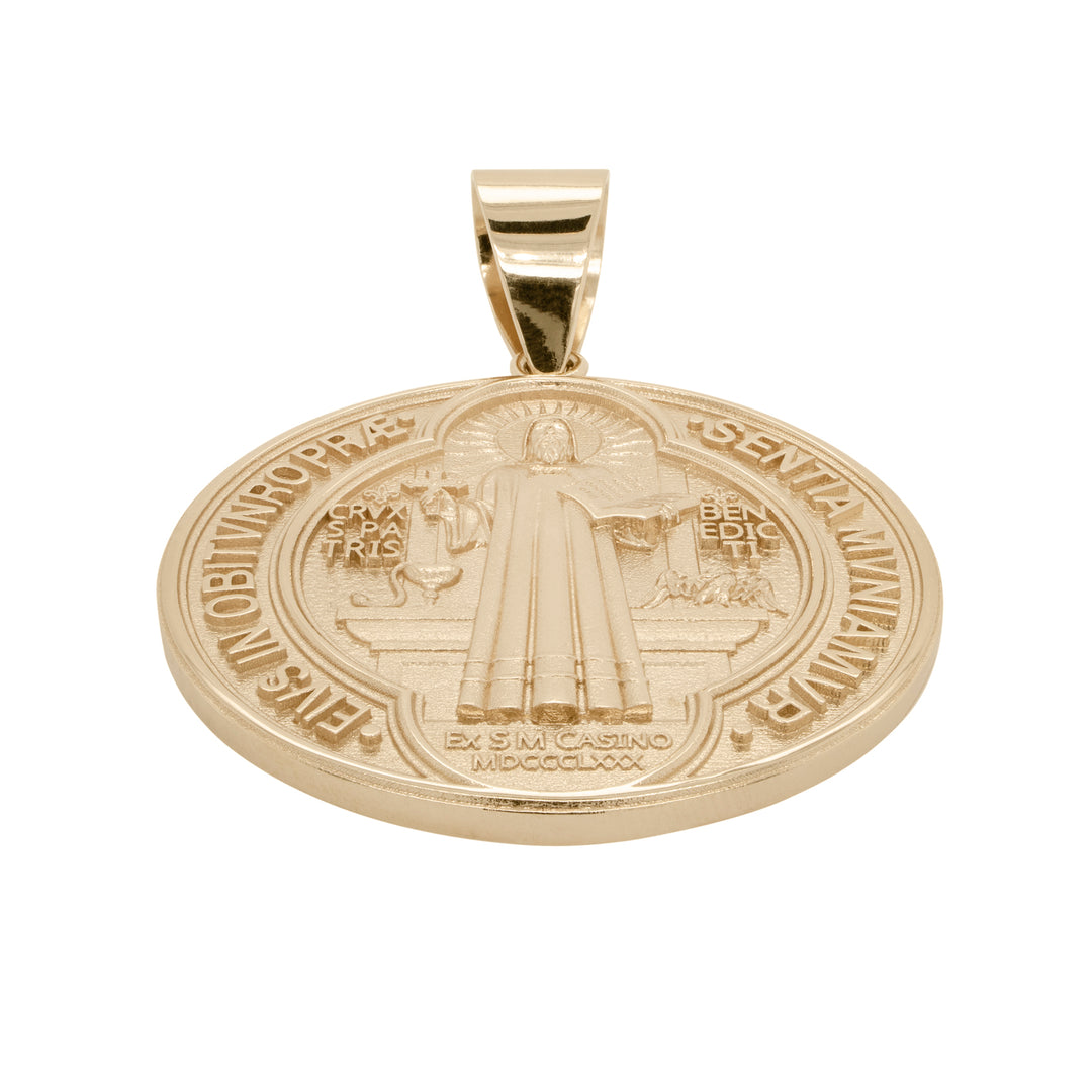 14kt yellow gold Saint Benedict medal pendant angled view fresh from casting at AJ's Jewelry Queens NY