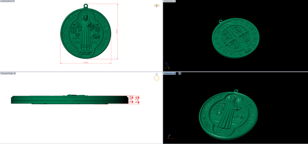 CAD 3D model of the Saint Benedict medal scaled up with dimensions for a 14kt yellow gold pendant — AJ's Jewelry Queens NY