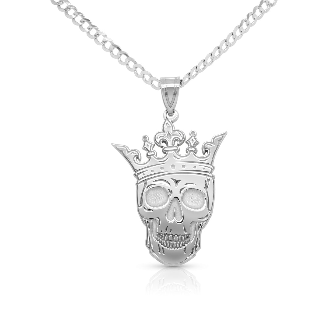 Completed sterling silver skull and crown pendant laser-engraved and hand-finished by AJ's Jewelry in Ridgewood Queens NY