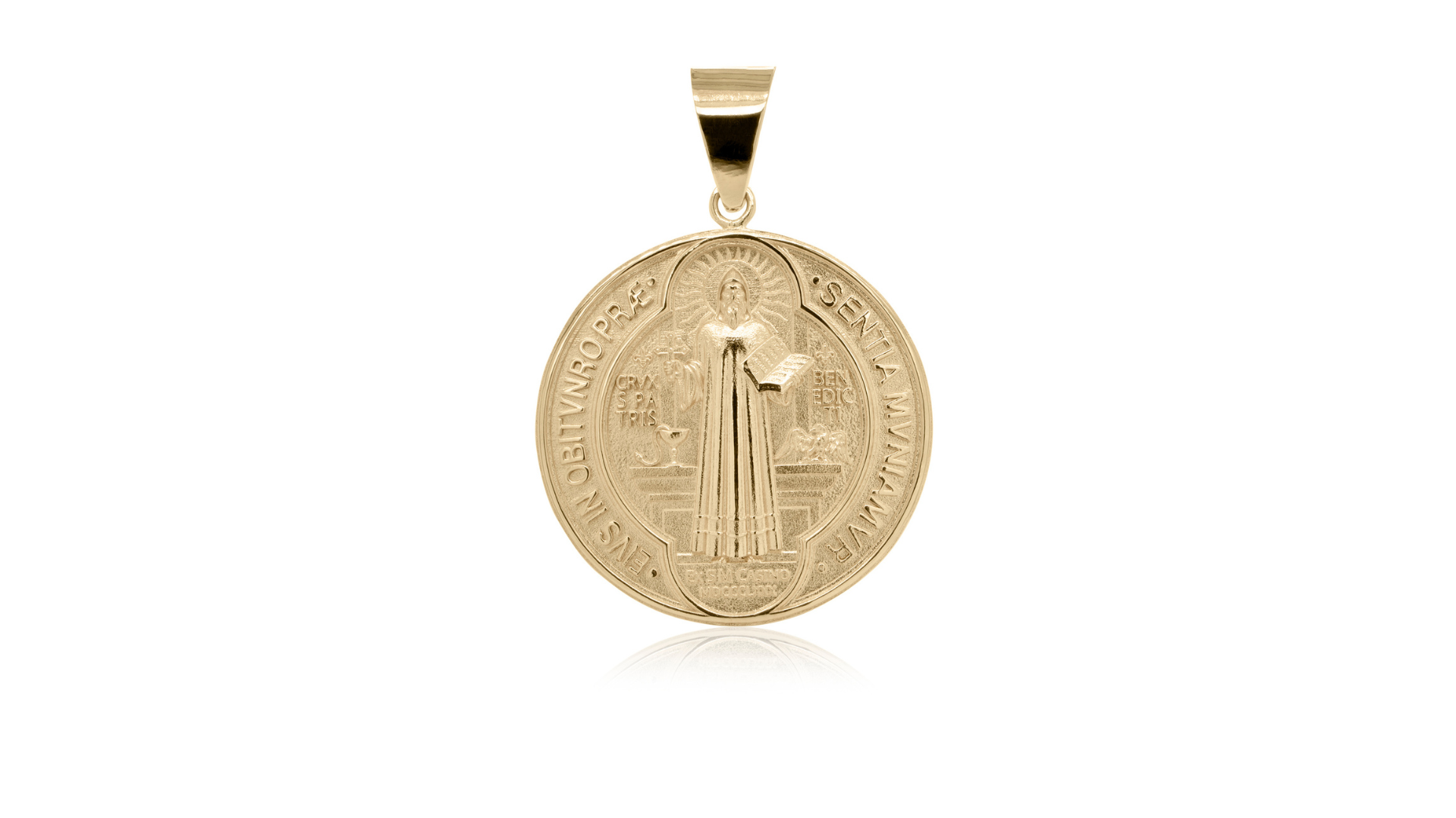 14 karat yellow gold Saint Benedict medal pendant custom devotional jewelry banner — AJ's Jewelry Ridgewood Queens NY