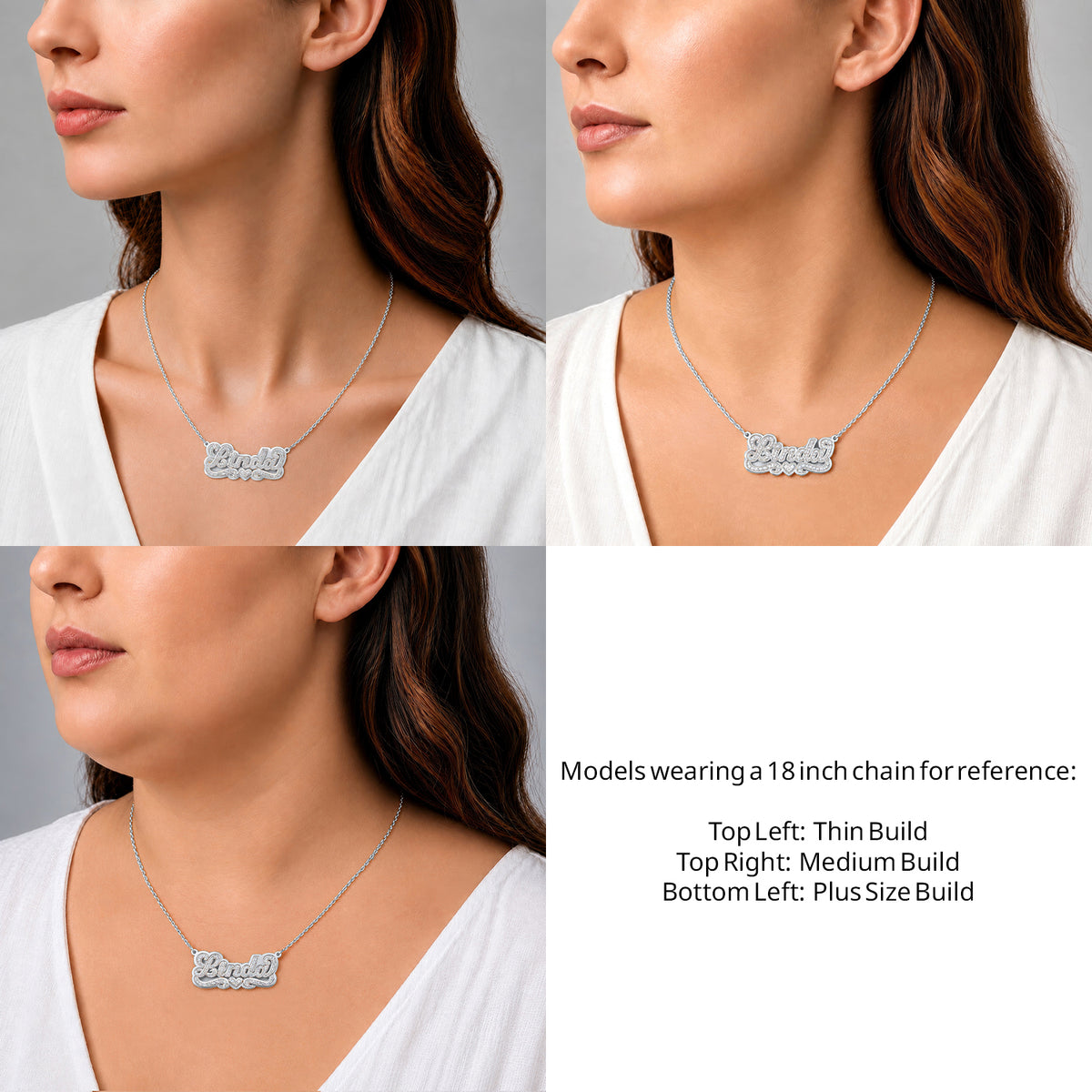 Sterling Silver 3D Name Necklace with Solid Back Plate on an 18-inch chain shown on thin, medium and plus-size models for size reference – AJ's Jewelry
