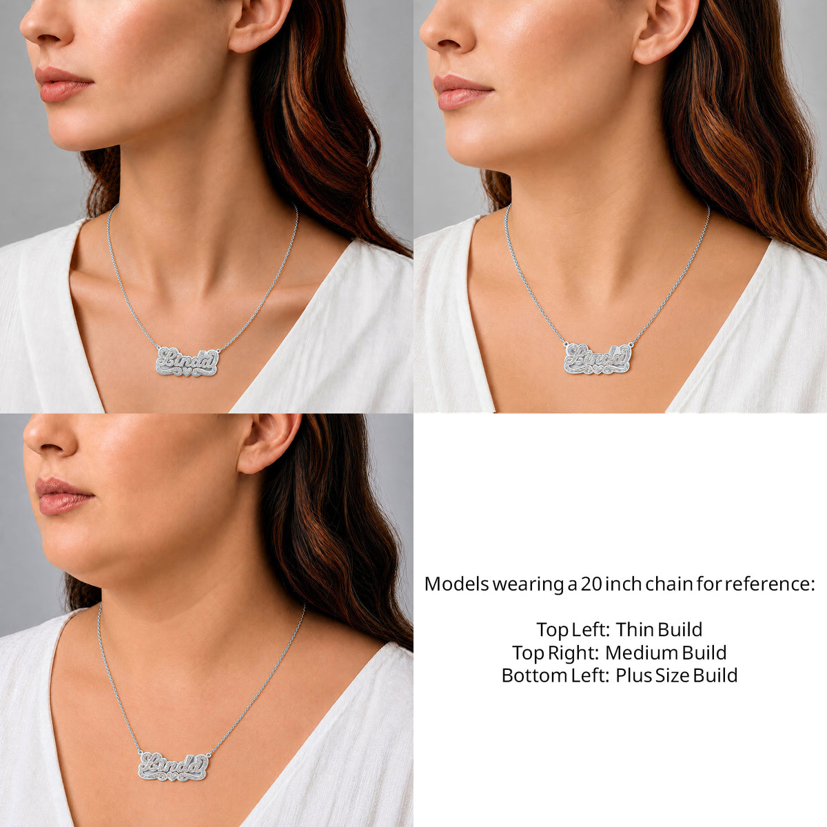 Sterling Silver 3D Name Necklace with Solid Back Plate on a 20-inch chain shown on thin, medium and plus-size models for size reference – AJ's Jewelry