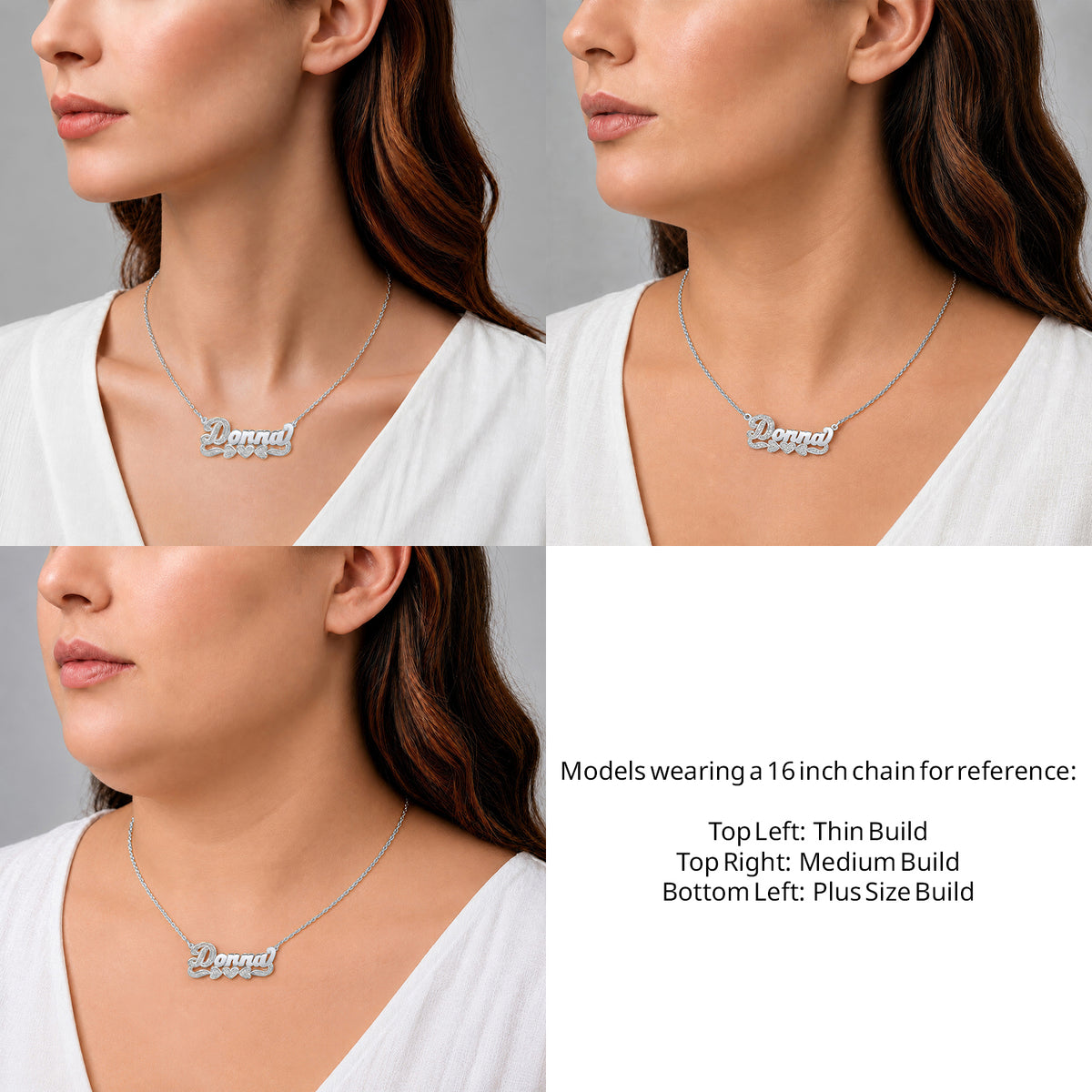 Sterling Silver 3D Name Necklace with Three Hearts on a 16-inch chain shown on thin, medium and plus-size models for size reference – AJ's Jewelry