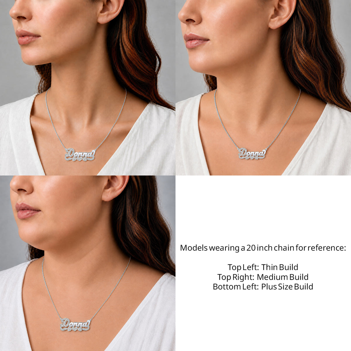 Sterling Silver 3D Name Necklace with Three Hearts on a 20-inch chain shown on thin, medium and plus-size models for size reference – AJ's Jewelry