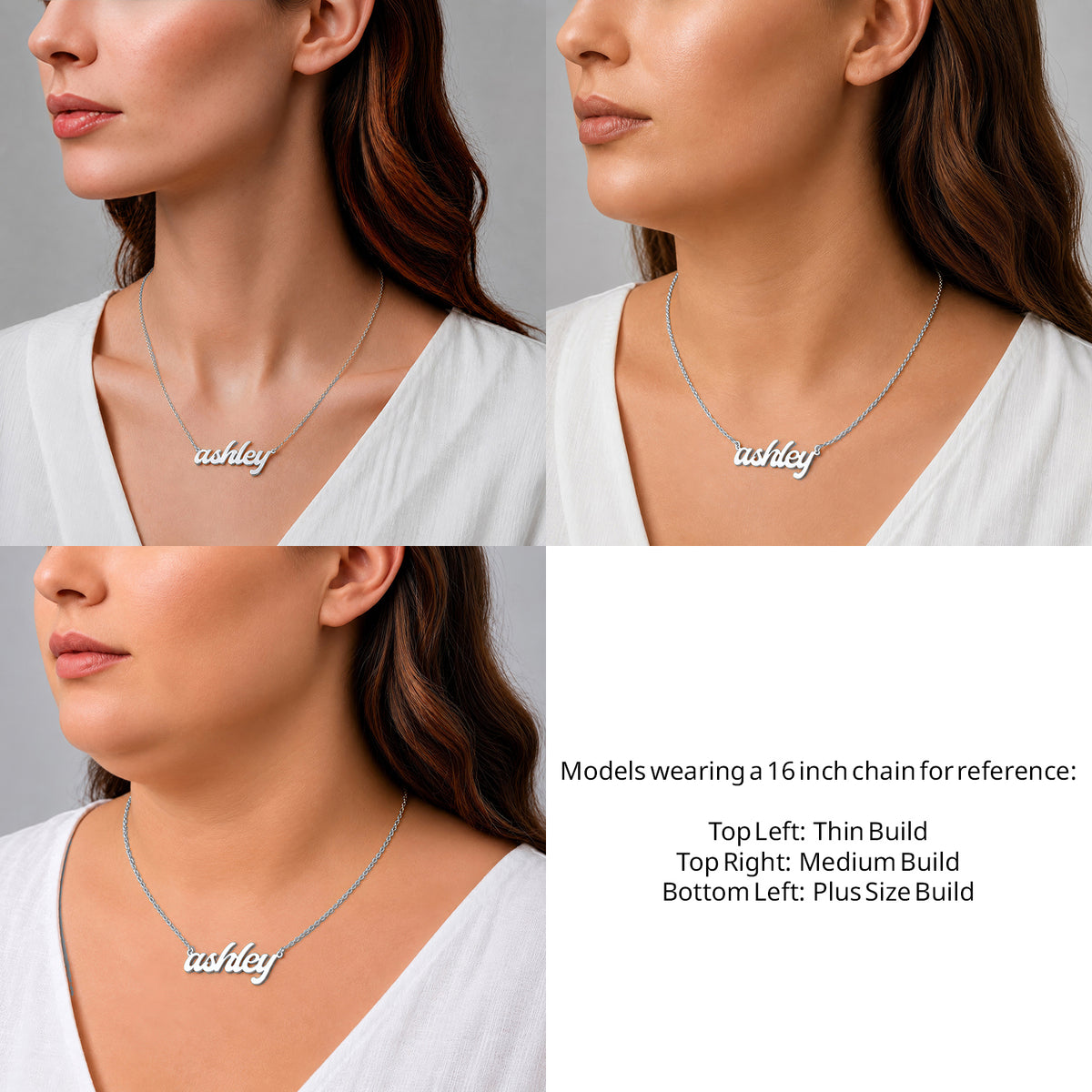 Sterling Silver Bold Letter Name Necklace on a 16-inch chain shown on thin, medium and plus-size models for size reference – AJ's Jewelry