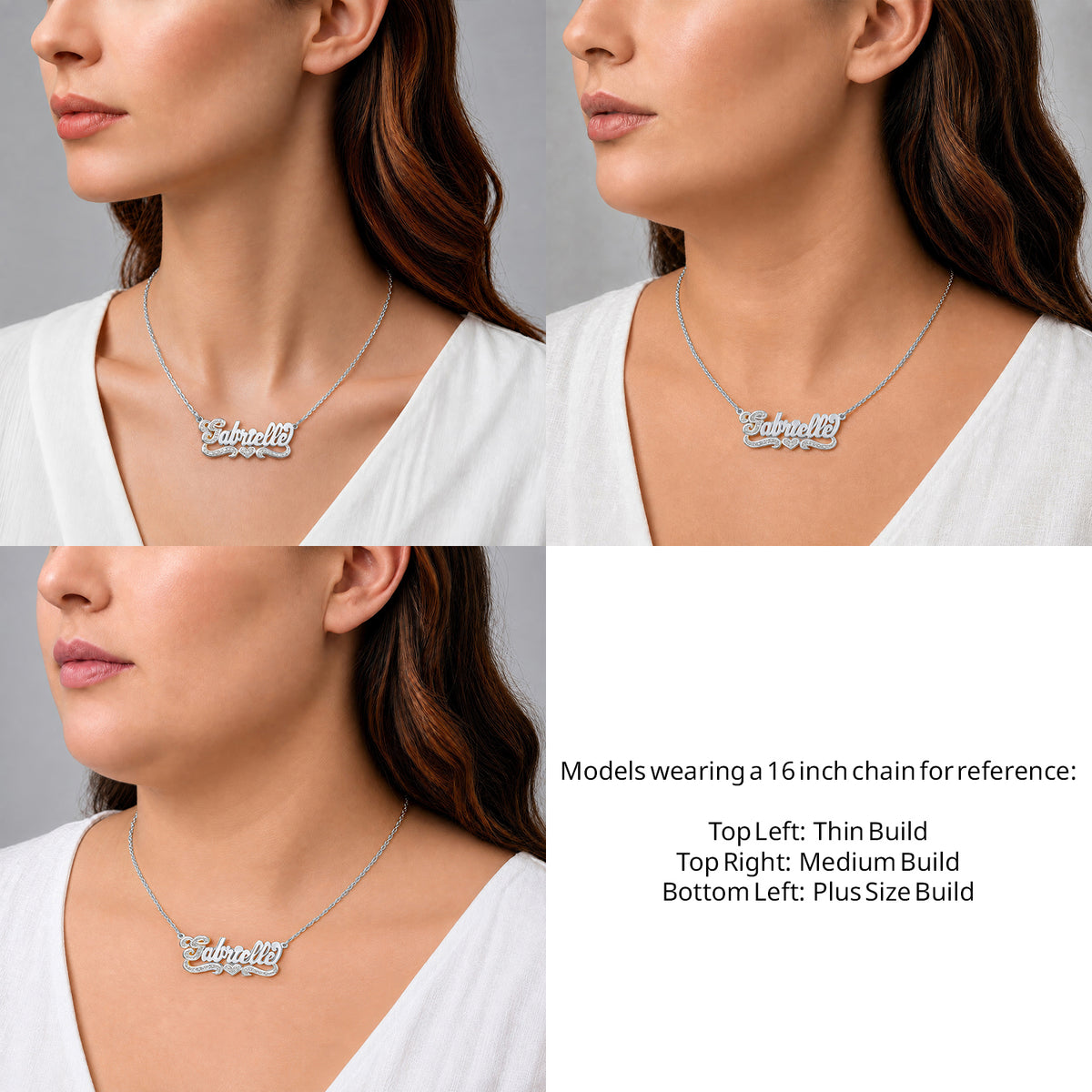 Sterling Silver Bold Script Name Necklace with One Heart on a 16-inch chain shown on thin, medium and plus-size models for size reference – AJ's Jewelry