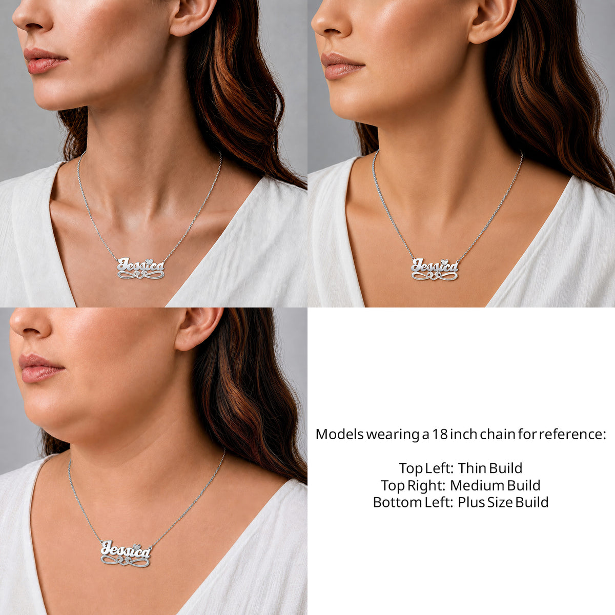 Sterling Silver Bold Script Name Necklace with Tail on an 18-inch chain shown on thin, medium and plus-size models for size reference – AJ's Jewelry