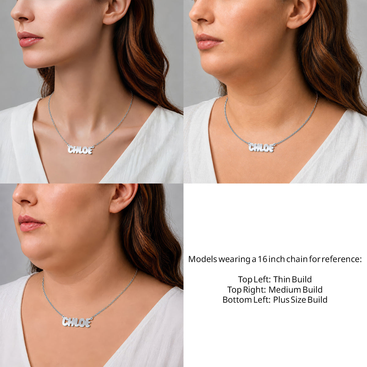 Sterling Silver Bubble Letter Name Necklace on a 16-inch chain shown on thin, medium and plus-size models for size reference – AJ's Jewelry
