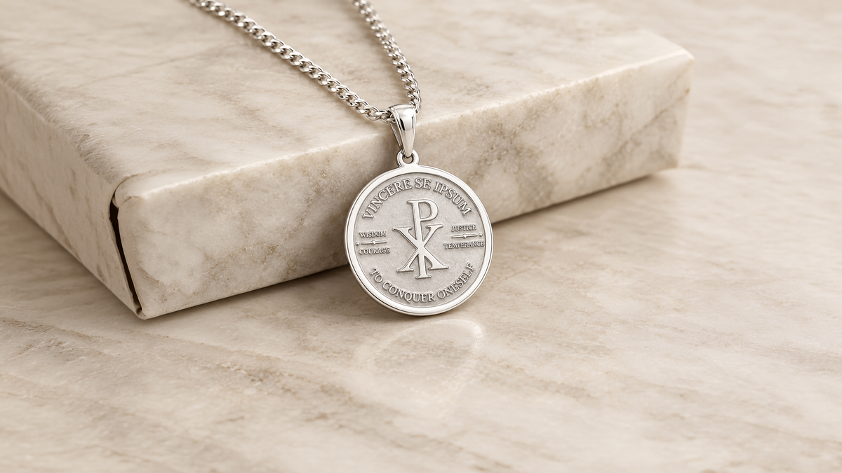 Sterling silver Chi Rho religious pendant on a chain, laser engraved from the client's own design at AJ's Jewelry in Queens NY