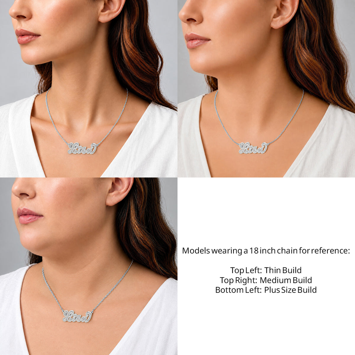 Sterling Silver Diamond Cut 3D Name Necklace on an 18-inch chain shown on thin, medium and plus-size models for size reference – AJ's Jewelry