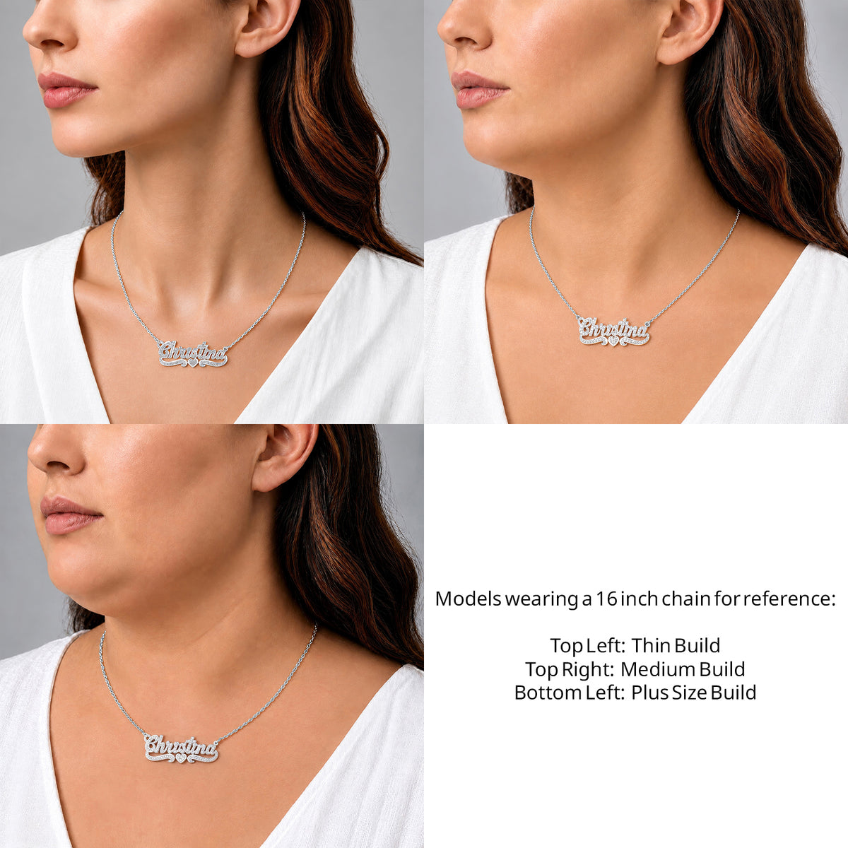 Sterling Silver Diamond Cut 3D Name Necklace with One Heart on a 16-inch chain shown on thin, medium and plus-size models for size reference – AJ's Jewelry