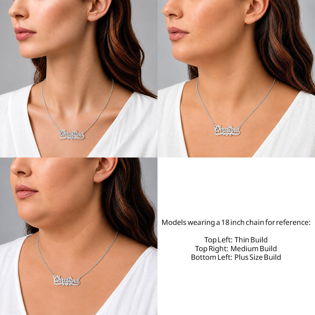 Sterling Silver Diamond Cut 3D Name Necklace with One Heart on an 18-inch chain shown on thin, medium and plus-size models for size reference – AJ's Jewelry