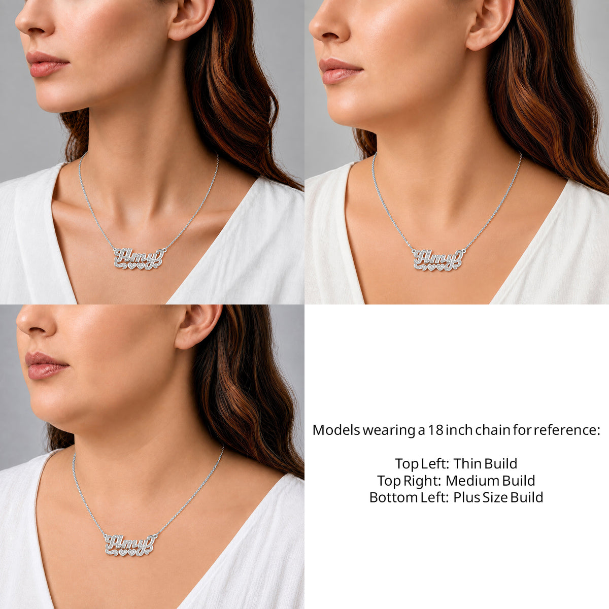 Sterling Silver Diamond Cut 3D Name Necklace with Two Hearts on an 18-inch chain shown on thin, medium and plus-size models for size reference – AJ's Jewelry