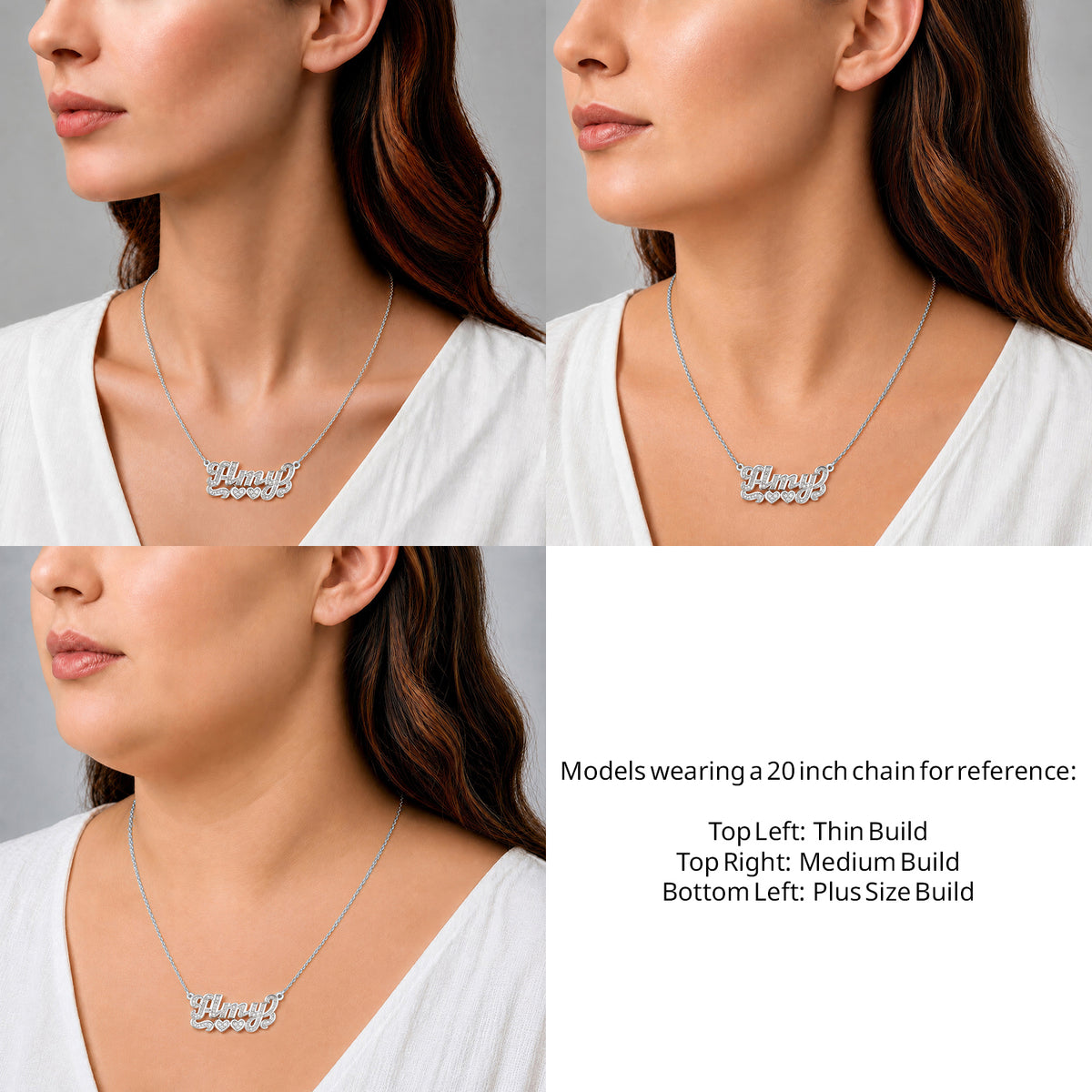 Sterling Silver Diamond Cut 3D Name Necklace with Two Hearts on a 20-inch chain shown on thin, medium and plus-size models for size reference – AJ's Jewelry