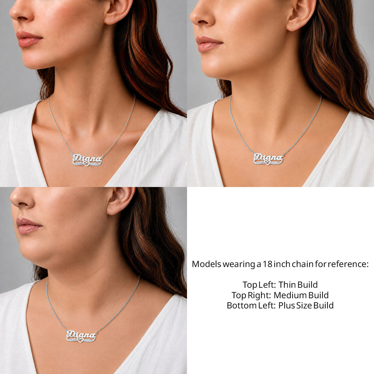 Sterling Silver Diamond Cut & Florentine Name Necklace on an 18-inch chain shown on thin, medium and plus-size models for size reference – AJ's Jewelry