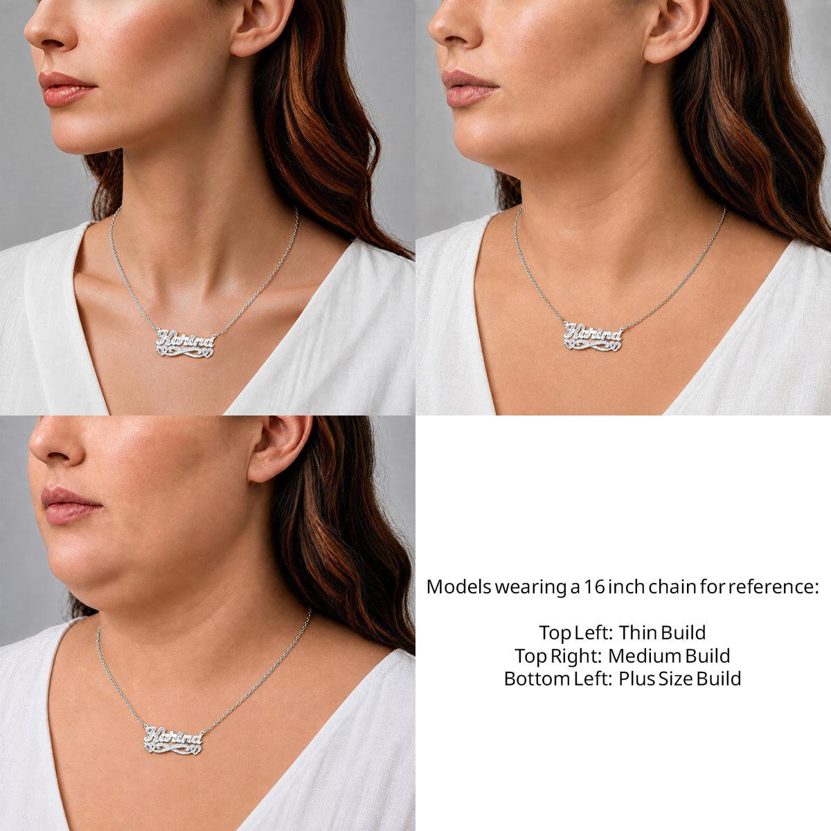 Sterling Silver Diamond Cut & Florentine Name Necklace with Hearts on a 16-inch chain shown on thin, medium and plus-size models for size reference – AJ's Jewelry