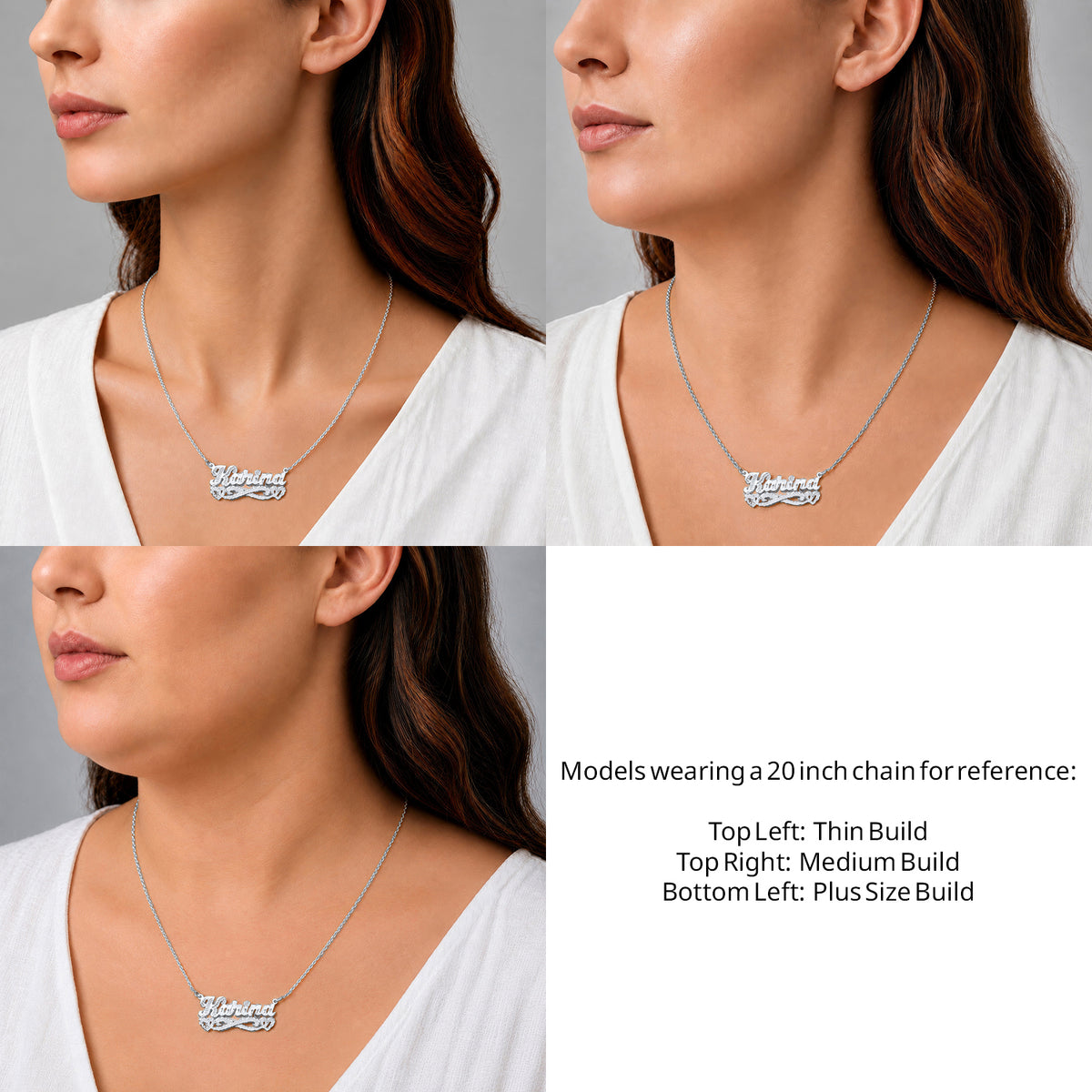 Sterling Silver Diamond Cut & Florentine Name Necklace with Hearts on a 20-inch chain shown on thin, medium and plus-size models for size reference – AJ's Jewelry