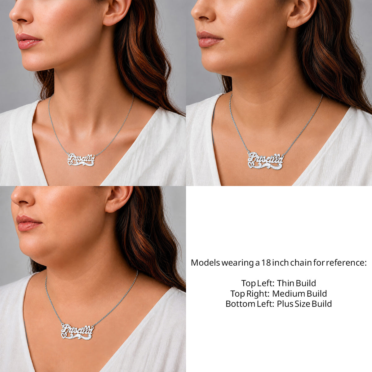 Sterling Silver Diamond Cut Name Necklace on an 18-inch chain shown on thin, medium and plus-size models for size reference – AJ's Jewelry