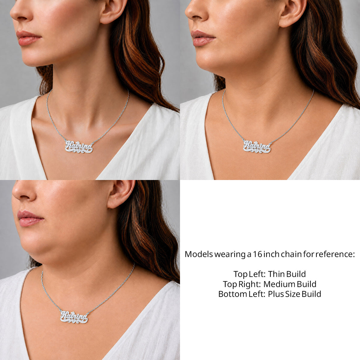 Sterling Silver Diamond Cut Name Necklace with One Heart on a 16-inch chain shown on thin, medium and plus-size models for size reference – AJ's Jewelry