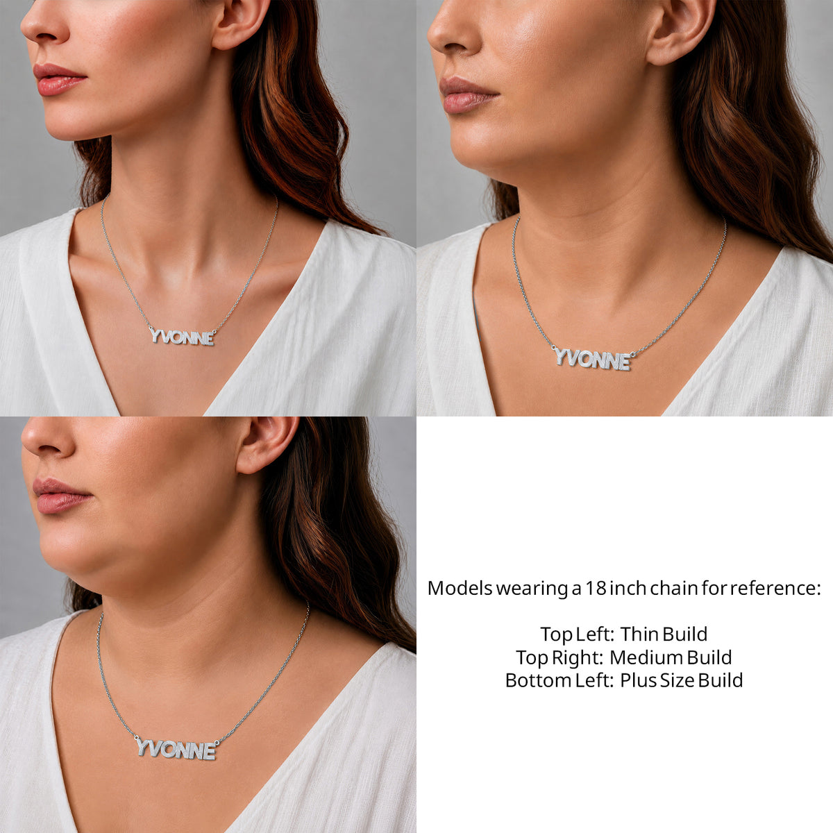 Sterling Silver Fluted Name Necklace on an 18-inch chain shown on thin, medium and plus-size models for size reference – AJ's Jewelry