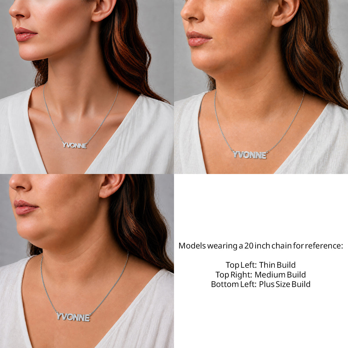 Sterling Silver Fluted Name Necklace on a 20-inch chain shown on thin, medium and plus-size models for size reference – AJ's Jewelry