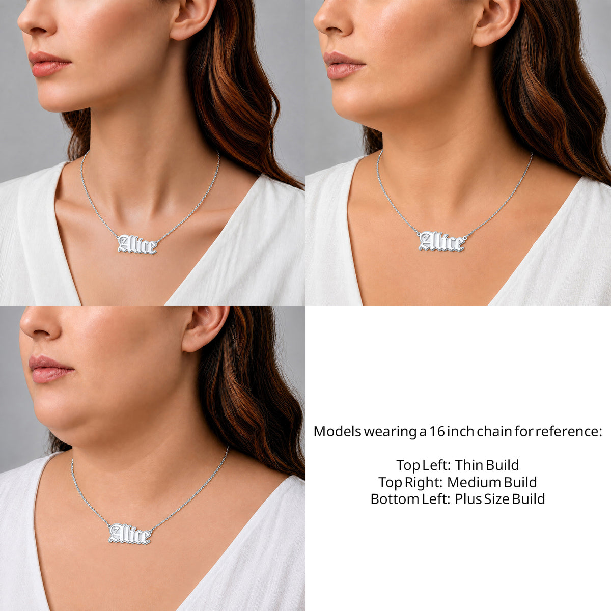 Sterling Silver Gothic Style Name Necklace on a 16-inch chain shown on thin, medium and plus-size models for size reference – AJ's Jewelry