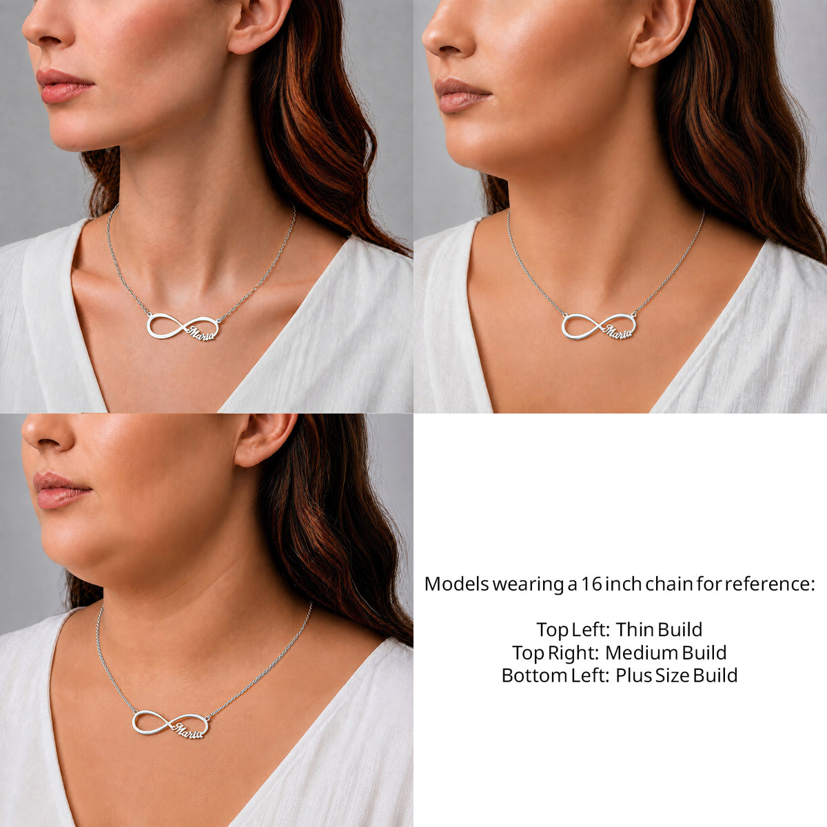 Sterling Silver Infinity Name Necklace on a 16-inch chain shown on thin, medium and plus-size models for size reference – AJ's Jewelry