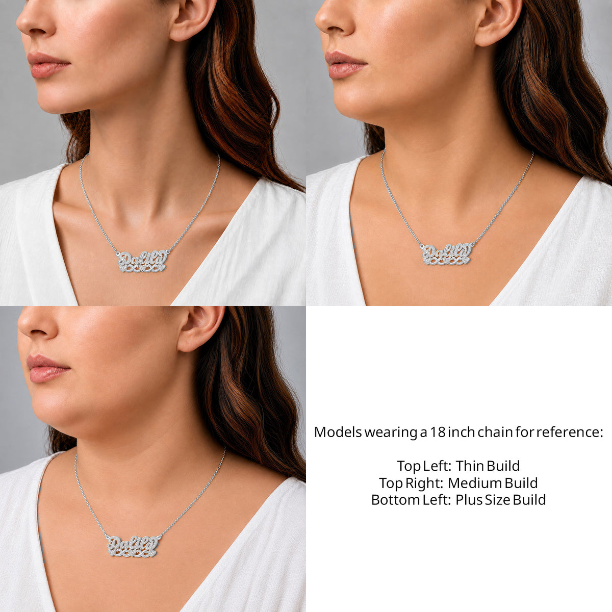Sterling Silver Name Necklace with Three Hearts on an 18-inch chain shown on thin, medium and plus-size models for size reference – AJ's Jewelry