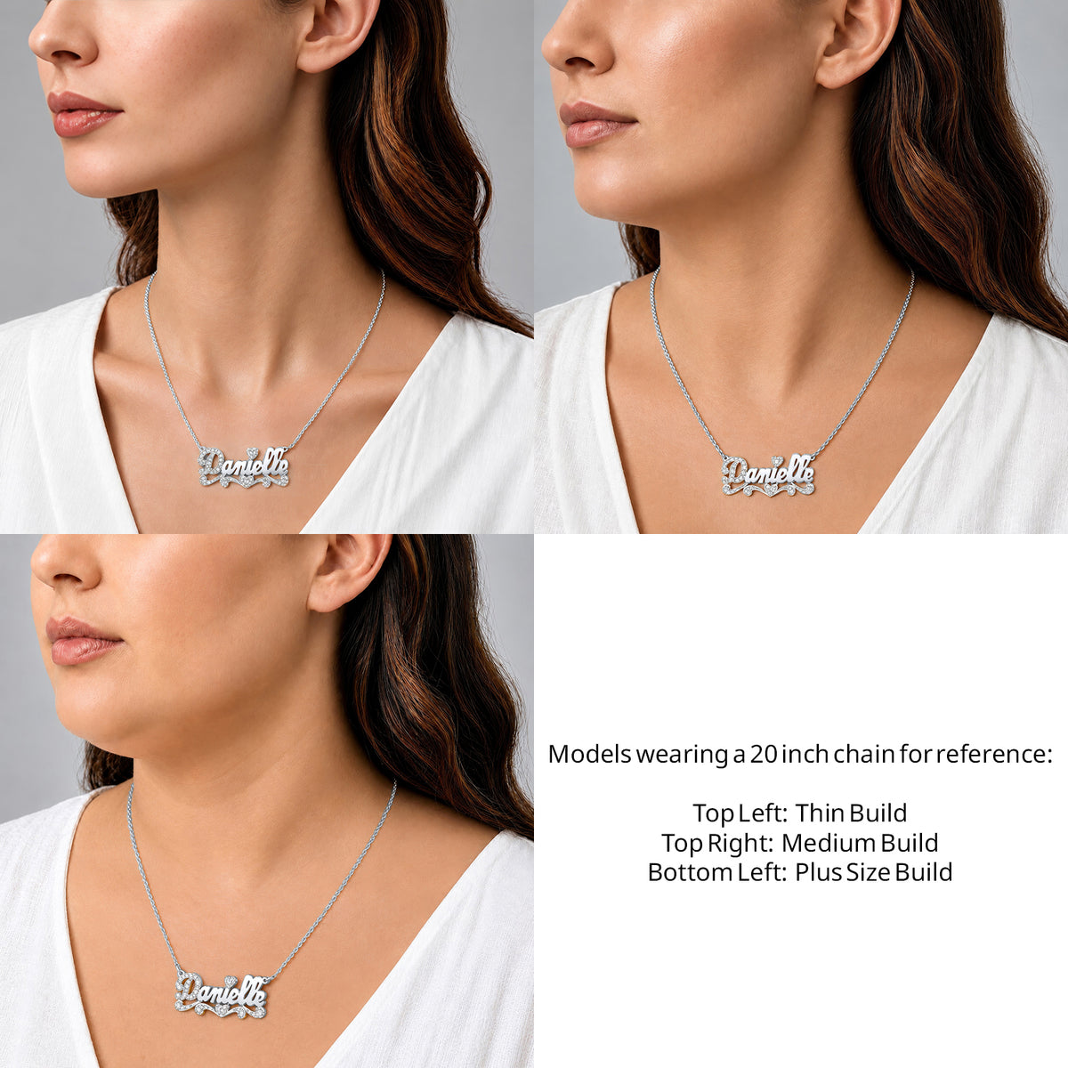 Sterling Silver Polished and Diamond Cut 3D Name Necklace on a 20-inch chain shown on thin, medium and plus-size models for size reference – AJ's Jewelry