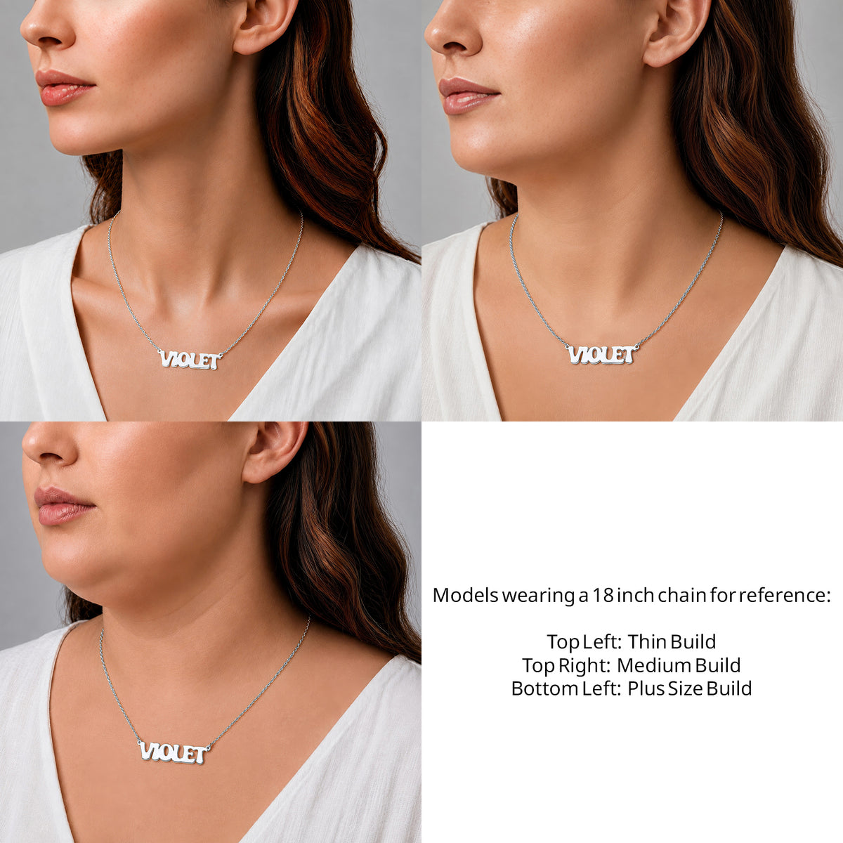 Sterling Silver Retro Letter Style Name Necklace on an 18-inch chain shown on thin, medium and plus-size models for size reference – AJ's Jewelry