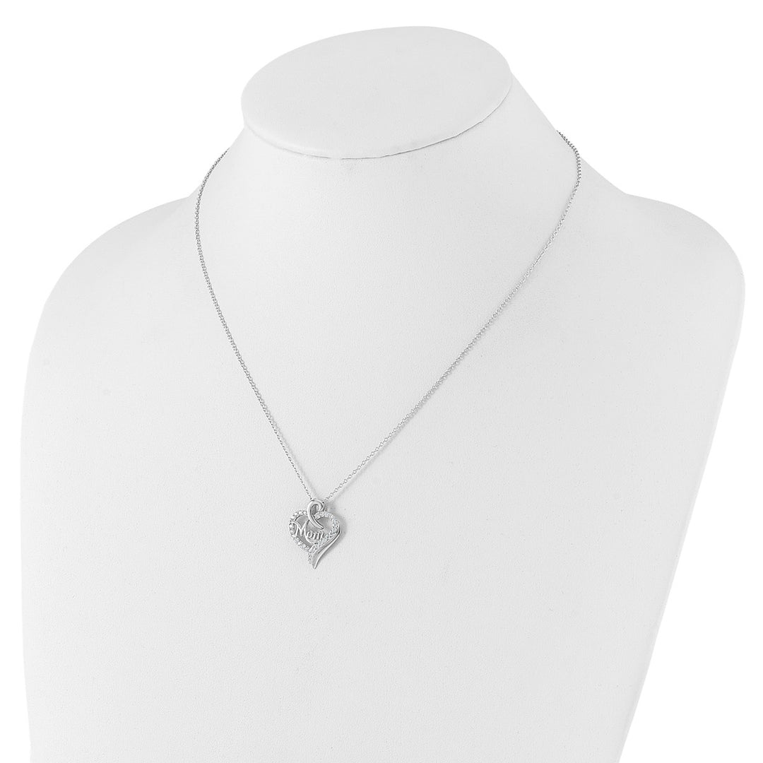 Sterling Silver Rhodium-plated Brilliant-cut CZ MOM Heart 18 Inch Necklace with 2 Inch Extender — View 3 — AJ's Jewelry Queen