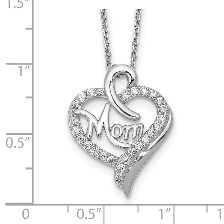 Sterling Silver Rhodium-plated Brilliant-cut CZ MOM Heart 18 Inch Necklace with 2 Inch Extender — View 4 — AJ's Jewelry Queen