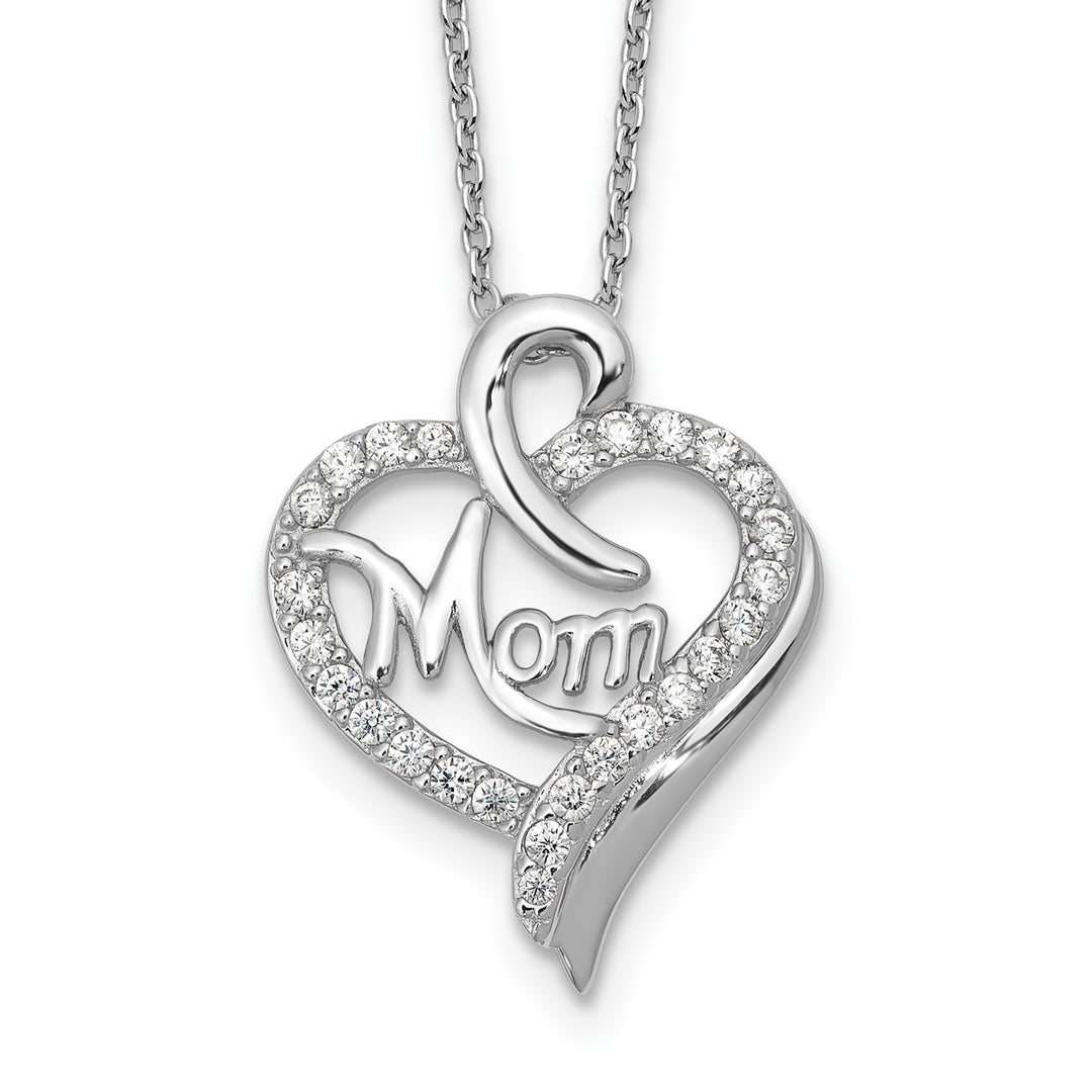 Sterling Silver Rhodium-plated Brilliant-cut CZ MOM Heart 18 Inch Necklace with 2 Inch Extender — AJ's Jewelry Ridgewood Quee