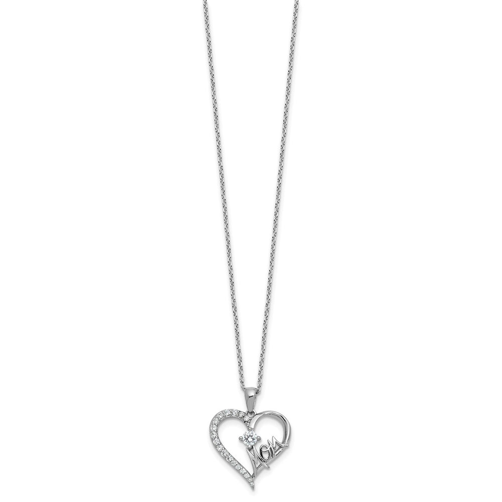 Sterling Silver Rhodium-plated Polished CZ Mom Heart with 2 Inch Extension Necklace — View 2 — AJ's Jewelry Queens NY