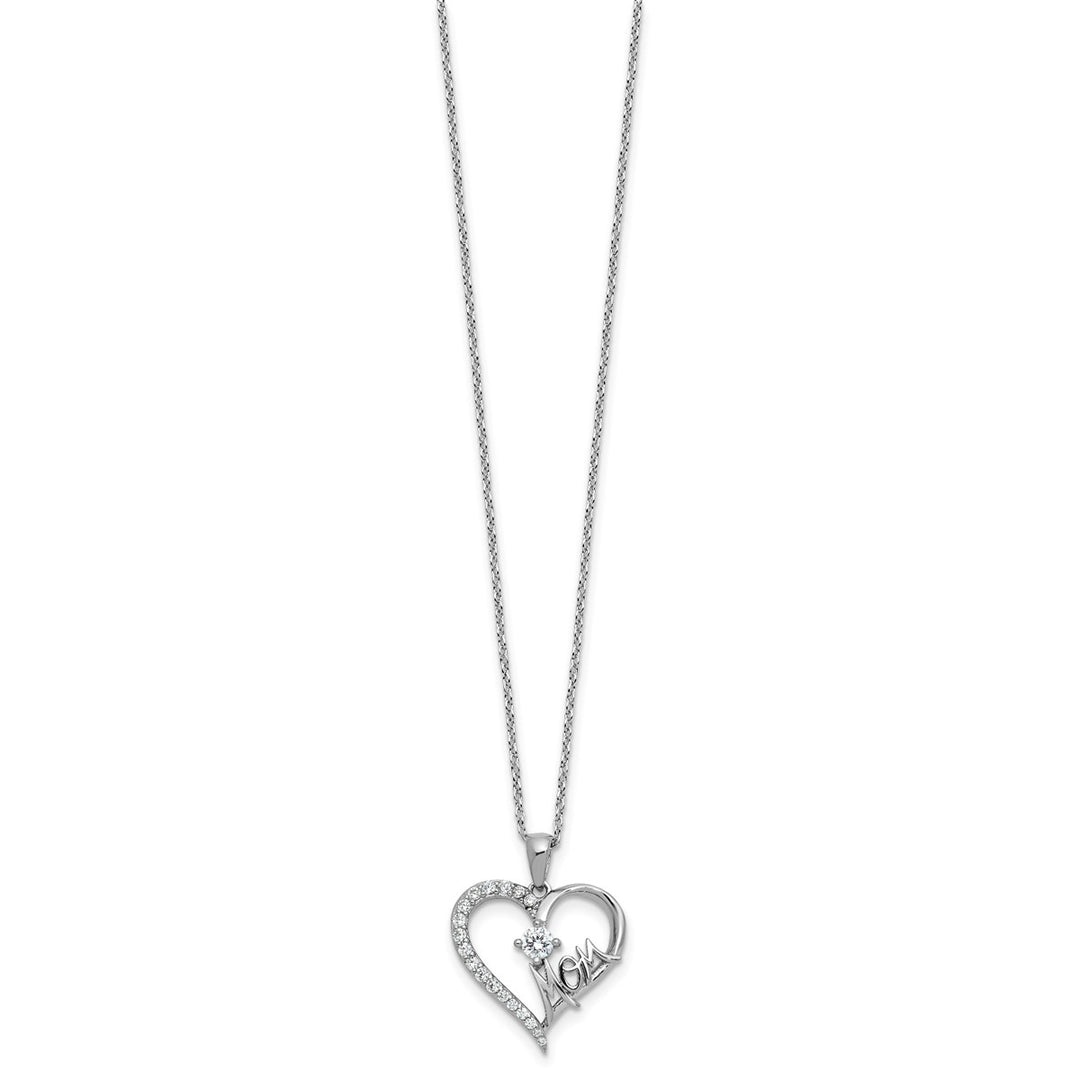 Sterling Silver Rhodium-plated Polished CZ Mom Heart with 2 Inch Extension Necklace — View 2 — AJ's Jewelry Queens NY