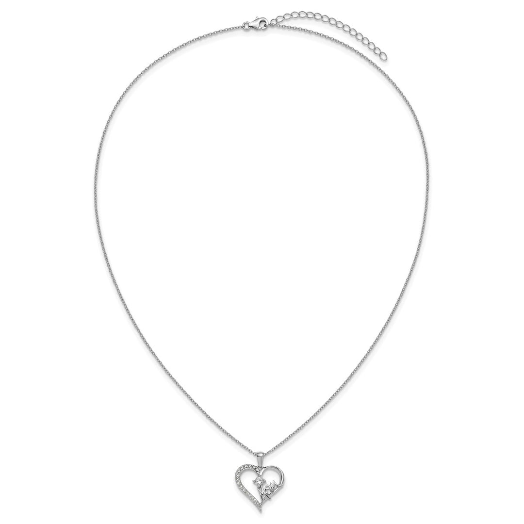 Sterling Silver Rhodium-plated Polished CZ Mom Heart with 2 Inch Extension Necklace — View 4 — AJ's Jewelry Queens NY