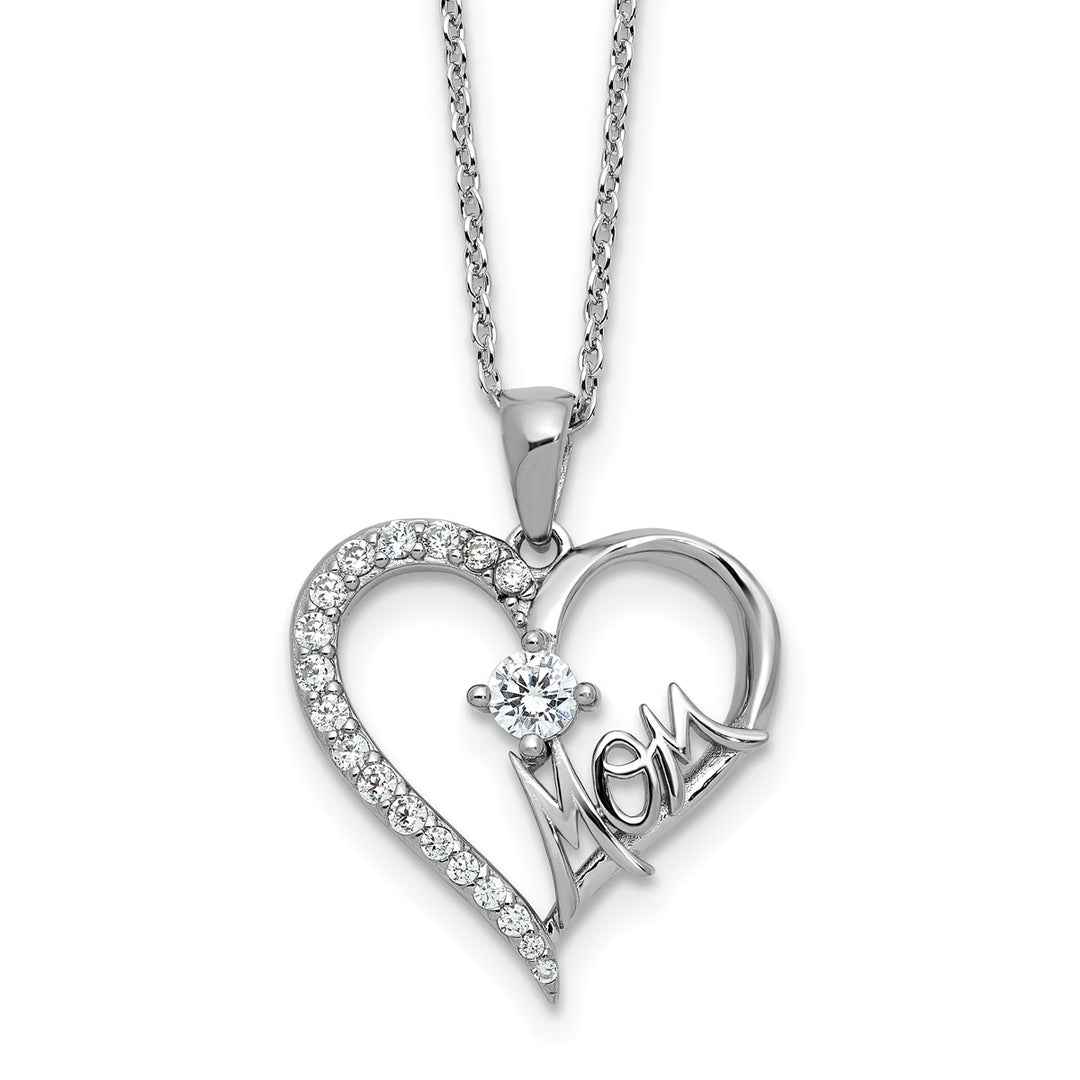 Sterling Silver Rhodium-plated Polished CZ Mom Heart with 2 Inch Extension Necklace — AJ's Jewelry Ridgewood Queens NY