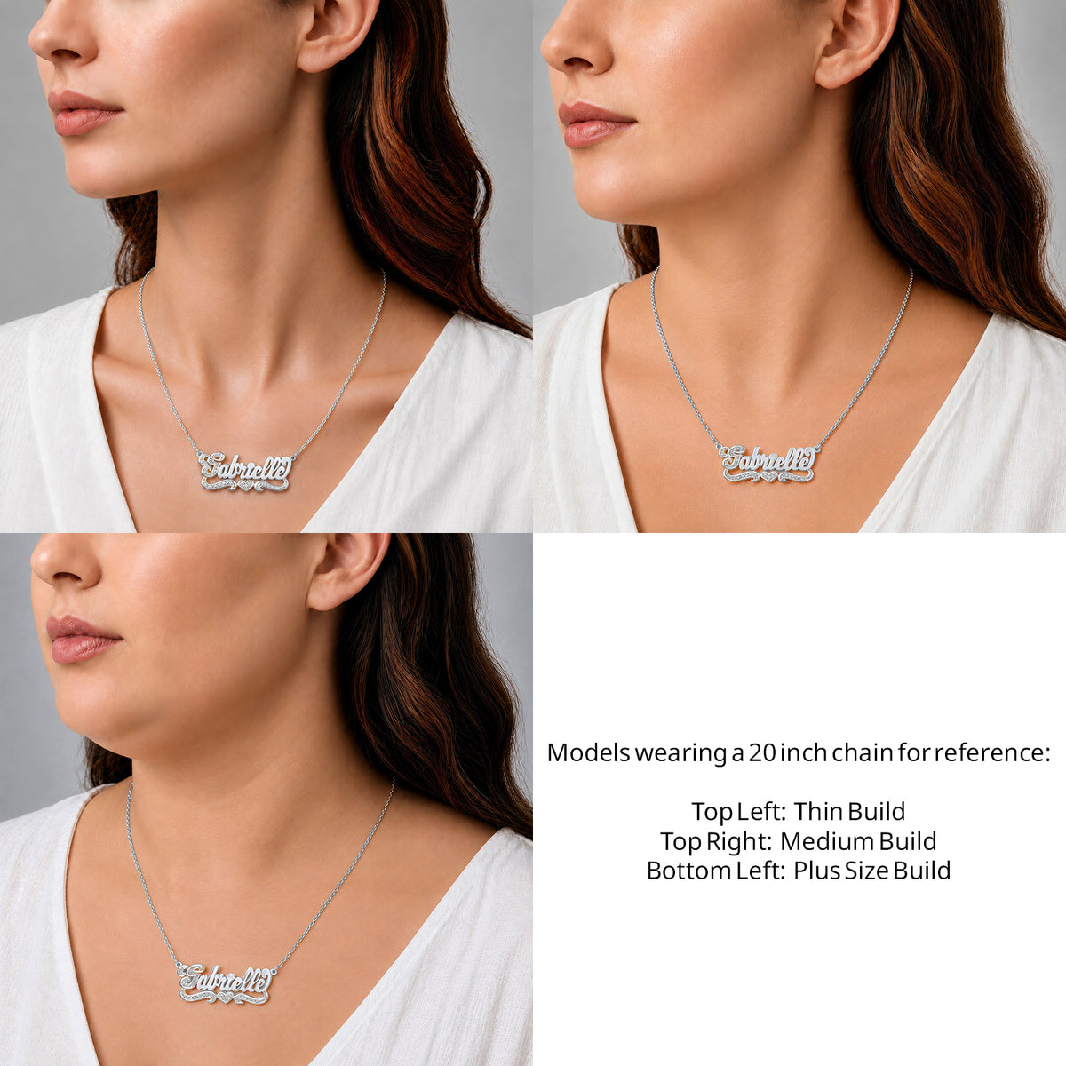Sterling Silver Script 3D Name Necklace with One Heart on a 20-inch chain shown on thin, medium and plus-size models for size reference – AJ's Jewelry