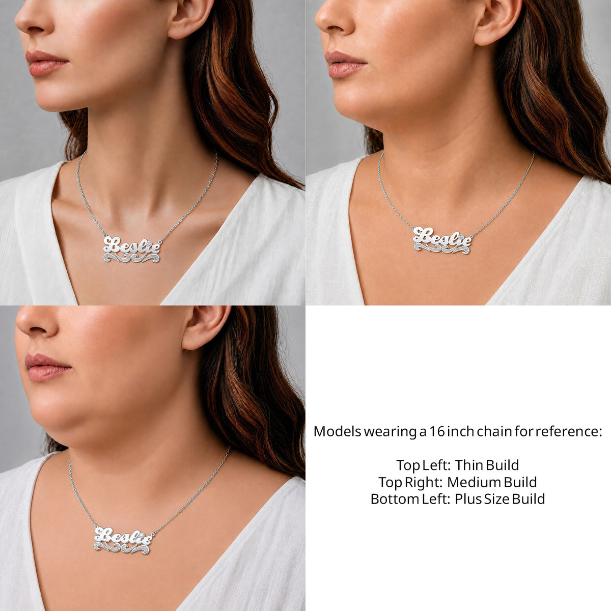 Sterling Silver Script Name Necklace with Tail on a 16-inch chain shown on thin, medium and plus-size models for size reference – AJ's Jewelry