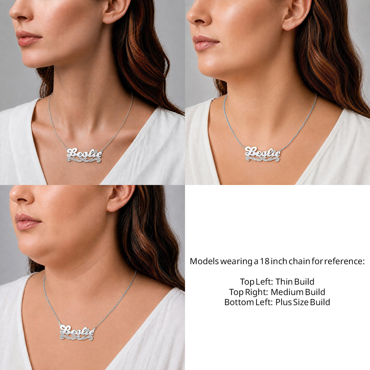 Sterling Silver Script Name Necklace with Tail on an 18-inch chain shown on thin, medium and plus-size models for size reference – AJ's Jewelry