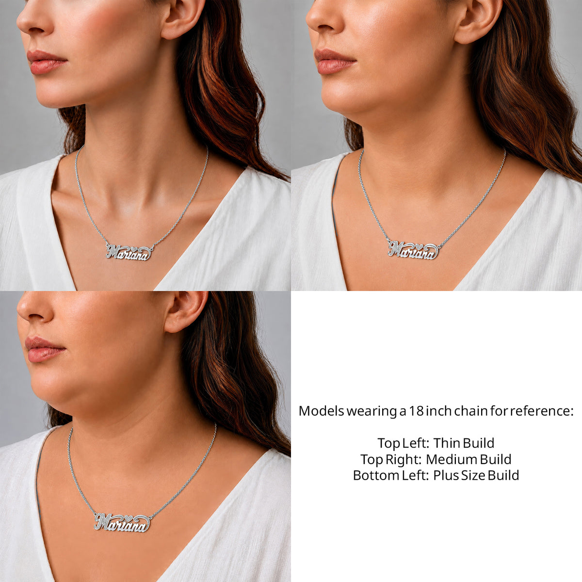 Sterling Silver Small Name Necklace with Heart on an 18-inch chain shown on thin, medium and plus-size models for size reference – AJ's Jewelry