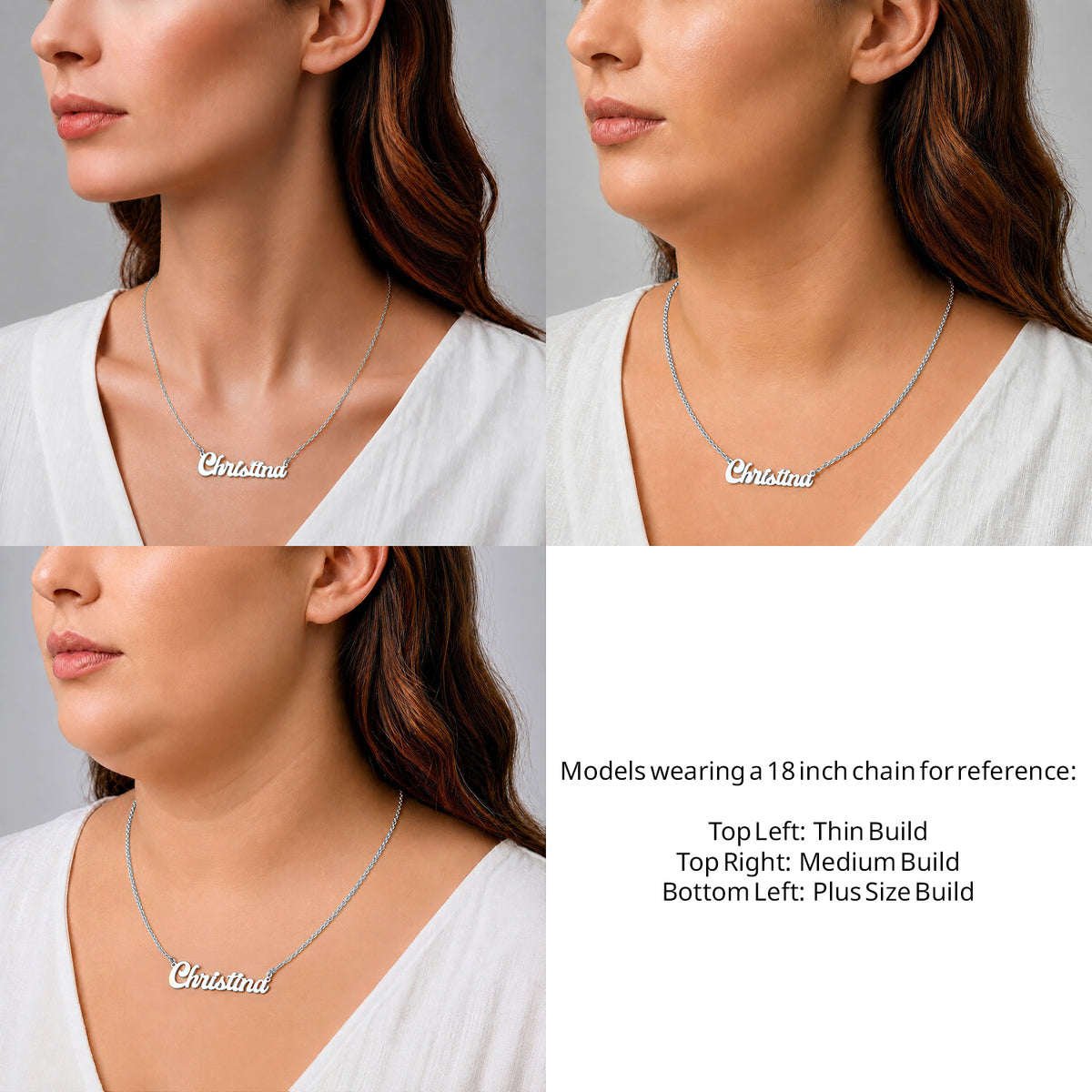 Sterling Silver Solid Letter Name Necklace on an 18-inch chain shown on thin, medium and plus-size models for size reference – AJ's Jewelry