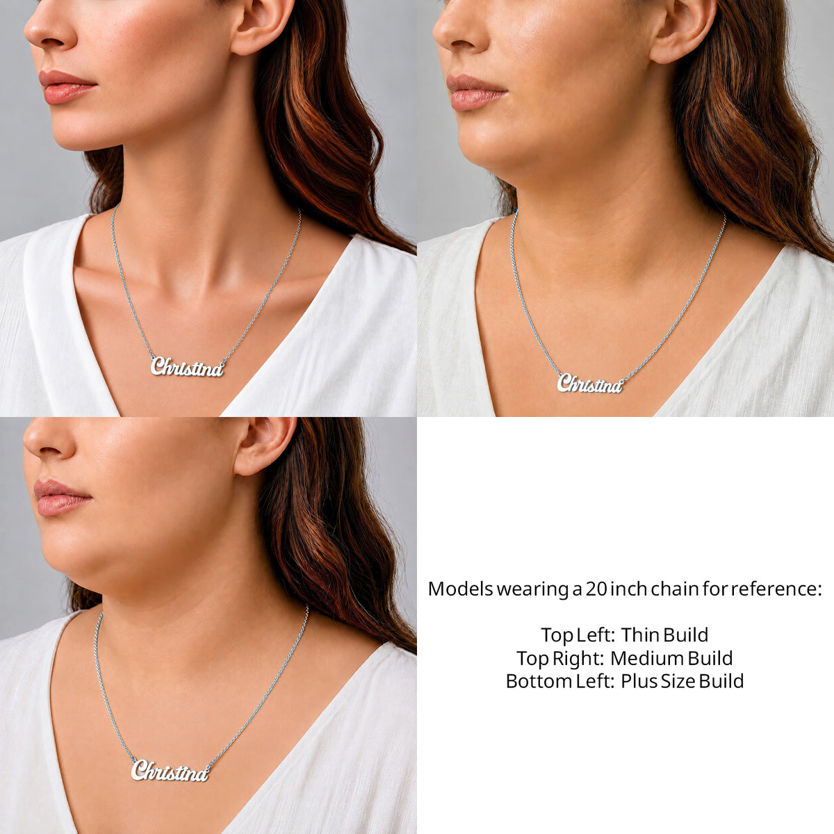Sterling Silver Solid Letter Name Necklace on a 20-inch chain shown on thin, medium and plus-size models for size reference – AJ's Jewelry