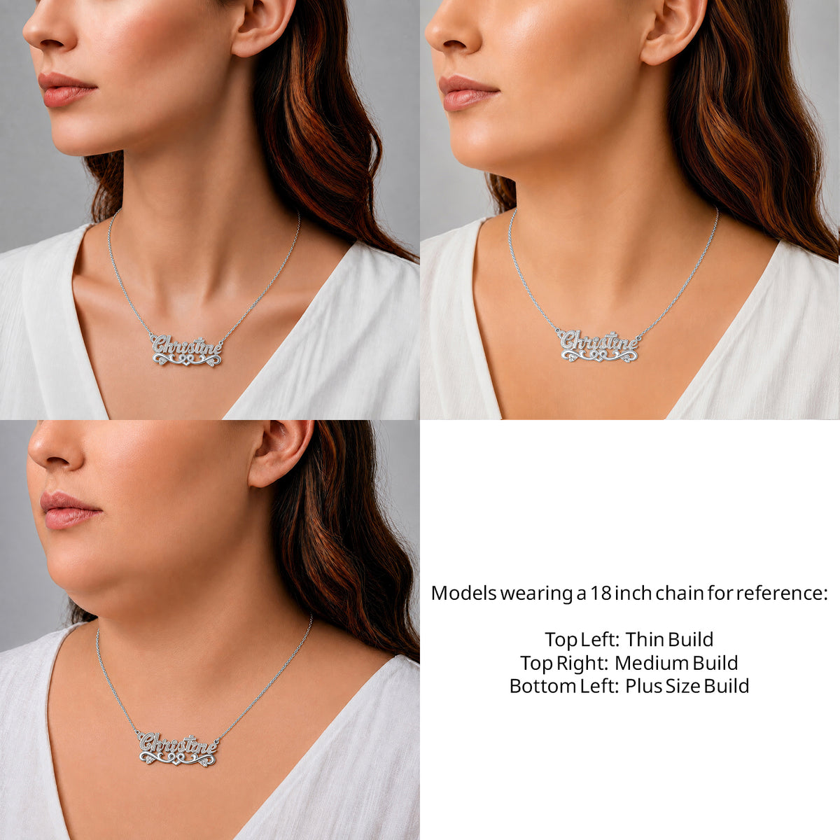Sterling Silver Solid Name Necklace with Hearts on an 18-inch chain shown on thin, medium and plus-size models for size reference – AJ's Jewelry