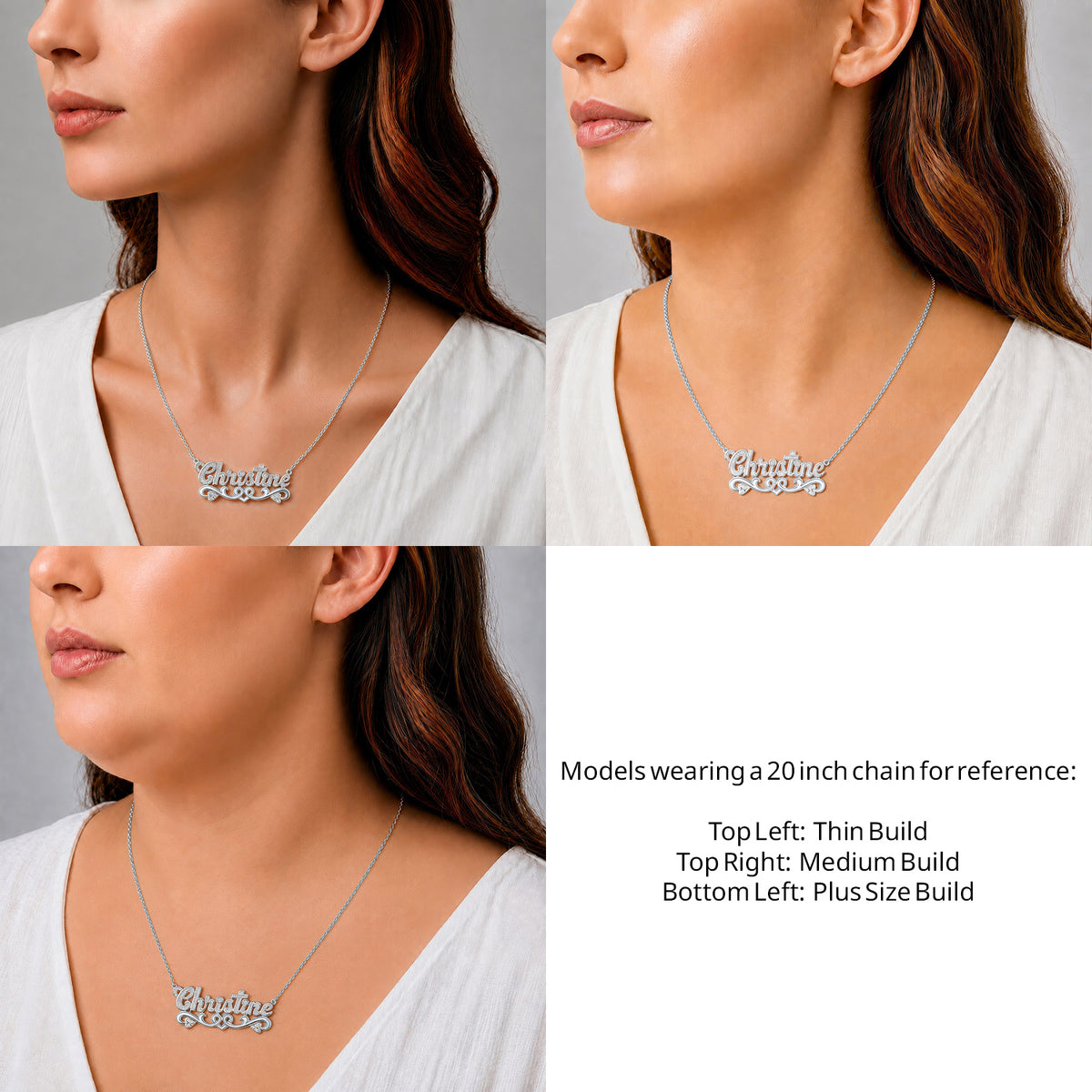 Sterling Silver Solid Name Necklace with Hearts on a 20-inch chain shown on thin, medium and plus-size models for size reference – AJ's Jewelry