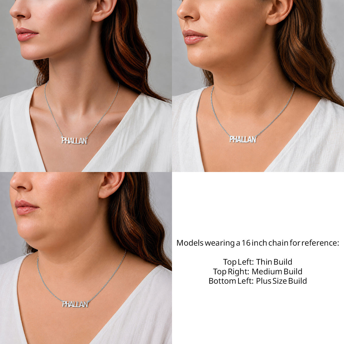 Sterling Silver Thin Letter Name Necklace on a 16-inch chain shown on thin, medium and plus-size models for size reference – AJ's Jewelry