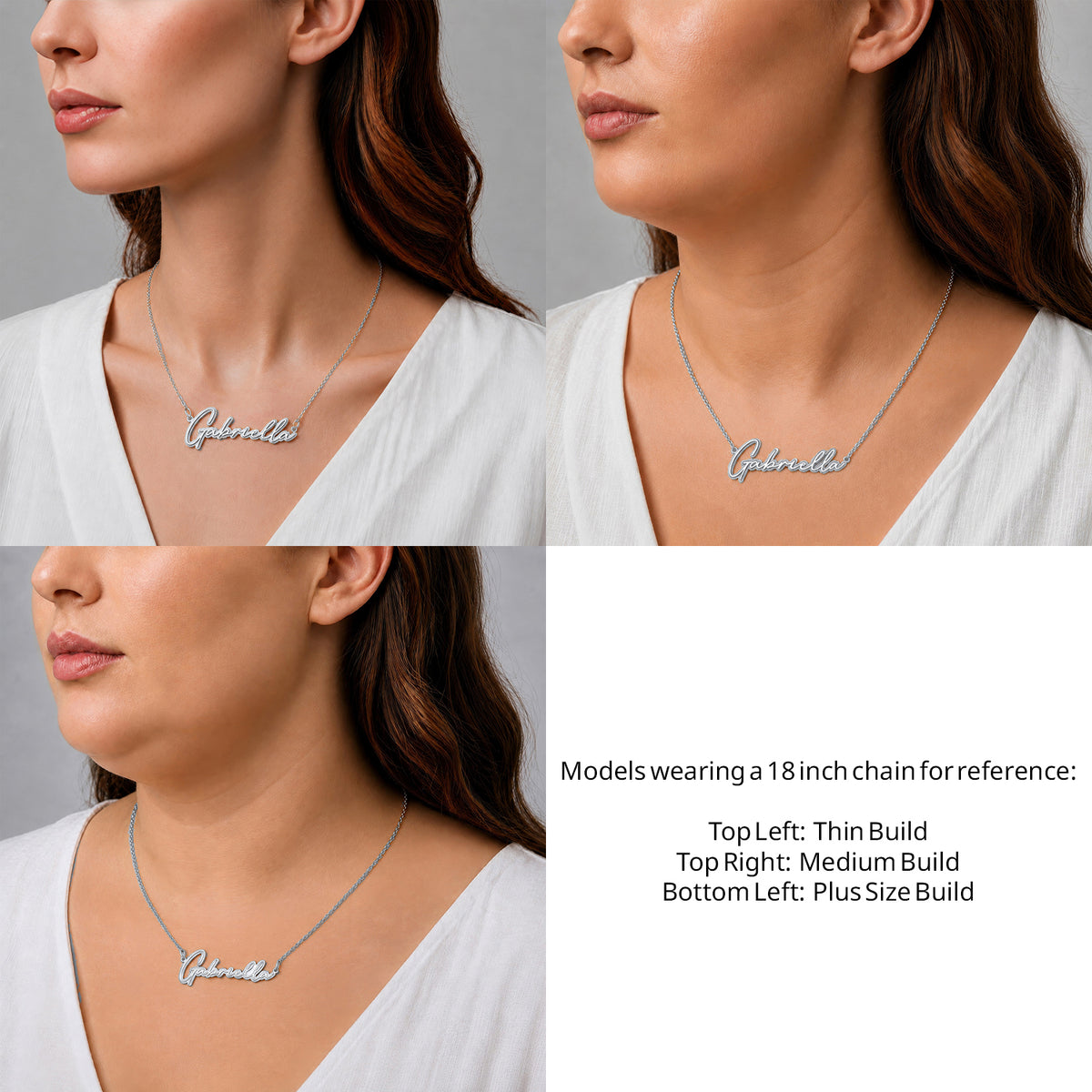 Sterling Silver Thin Script Name Necklace on an 18-inch chain shown on thin, medium and plus-size models for size reference – AJ's Jewelry