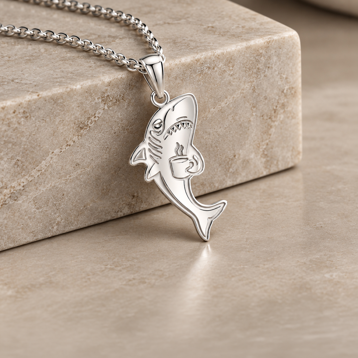 Custom sterling silver tired shark pendant made from original artwork at AJ's Jewelry in Ridgewood Queens